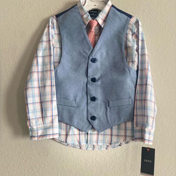 New Boy Izod 4-piece set Light Blue Plaid Vest Pants Plaid Shirt Tie Size 6 - Picture 3 of 8